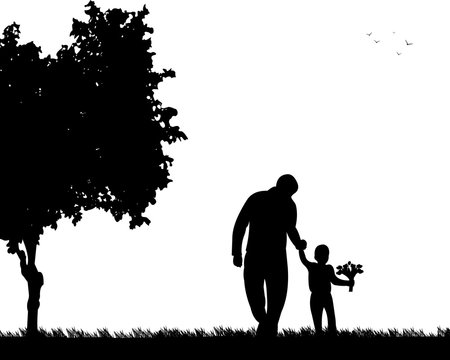 Father walks with a son with flowers in the park, one in the series of similar images silhouette