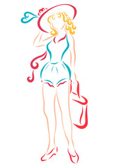 Sweet blonde in swimsuit and with a bag, retro