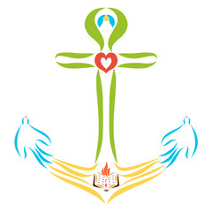 Christian anchor with a cross, bible, birds, heart and pearl