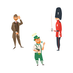 vector cartoon people in United kingdom national costumes set. English victorian gentleman in suit, hat holding cane umbrella, queen guardian, Irish man in leprechaun or Saint Patrick costume isolated