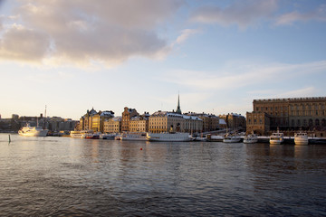 Sunrise at Stockholm waterfront a cold winter day