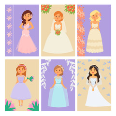Wedding brides characters vector card illustration celebration marriage fashion woman cartoon girl white ceremony marry dress