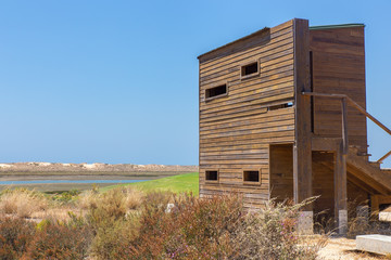 Wooden bird watching hut at portuguese coast