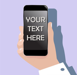Hand with mobile phone (smartphone). Web flat icon with free blank space for your text on phone screen.  Isolated eps 10 vector on white background.