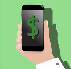 Hand with mobile phone (smartphone). Web flat icon with dollar (money) sign on phone screen.  Isolated eps 10 vector