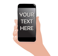 Hand with mobile phone (smartphone). Web flat black and white icon with free blank space for your text on phone screen.  Isolated eps 10 vector on white background.