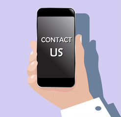 Hand with mobile phone (smartphone). Web flat icon with text Contact us on phone screen.  Isolated eps 10 vector