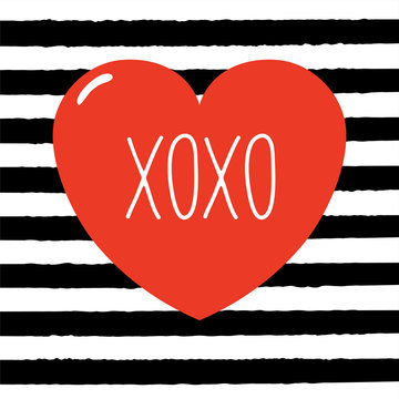 Hand drawn Valentines day greeting card with red heart and text XOXO. Isolated objects on black and white striped background. Vector illustration. Design concept for children.