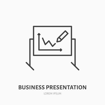 Marker board with chart flat line icon. Business presentation equipment sign.