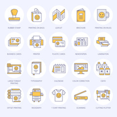 Printing house flat line icons. Print shop equipment - printer, scanner, offset machine, plotter, brochure, rubber stamp. Thin linear signs for polygraphy office, typography.