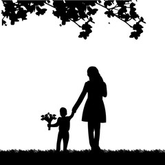 Mother walks with a son with flowers in the park, one in the series of similar images silhouette