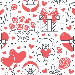 Valentines day pink seamless pattern. Love, romance flat line icons - hearts, chocolate, teddy bear, engagement ring, balloons, valentine card, red rose. Wallpaper for february 14 celebration.