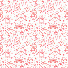 Valentines day seamless pattern. Love, romance flat line icons - hearts, engagement ring, kiss, balloons, doves, valentine card. Red white colored wallpaper for february 14 celebration.