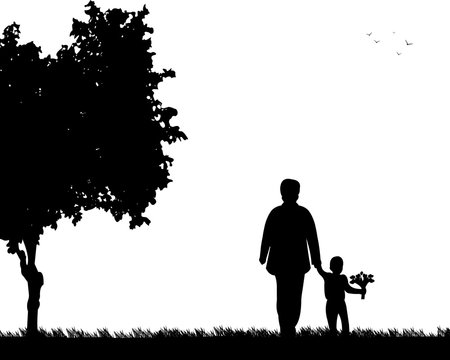Grandma walks with a grandson with flowers in the park, one in the series of similar images silhouette