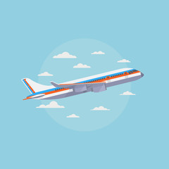 Airplane in blue sky with white clouds. Traveling and air freight vector concept