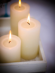 Fototapeta na wymiar Burning candles set. Aromatic decorative round cylindrical candle sticks with burning flames