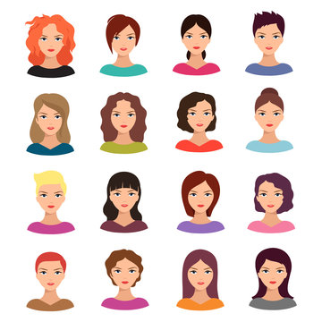 Woman with different hairstyle. Beautiful young female faces vector avatar set
