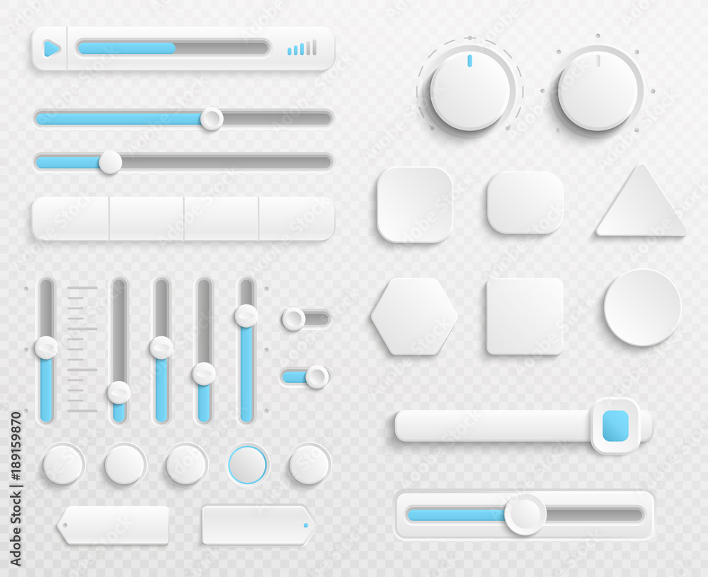 Poster white web buttons and ui sliders vector set isolated on transparent background