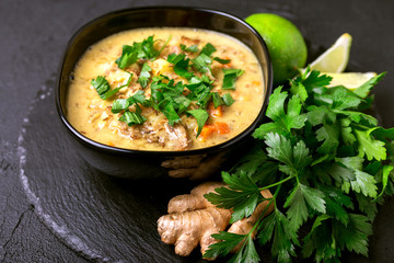 Indian Mulligatawny soup with lentil, parsley. Copyspace, horizontal view.