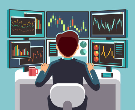 Stock market trader looking at multiple computer screens with financial and market charts. Business analysis vector concept