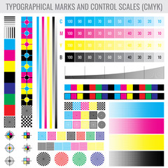 CMYK press print marks and colour tone gradient bars for printer test vector set © MicroOne