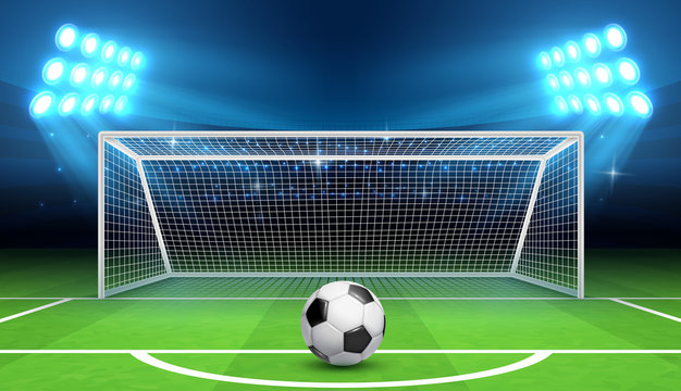Soccer football championship vector background with sports ball and goals. Penalty kick concept