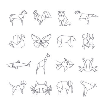 Japanese origami paper animals vector line icons