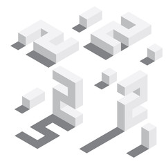 Number 2 in isometric style. White on white digits with shadows. Educational set