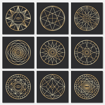 Ancient masonic pentagrams. Steampunk gold sacred vector symbols on dark backgrounds