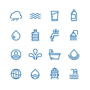 Crystal clean water drops, fresh drinks and hygiene line vector icons