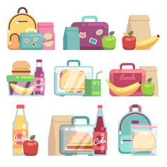 School snacks bags. Healthy food in kids lunch boxes vector set