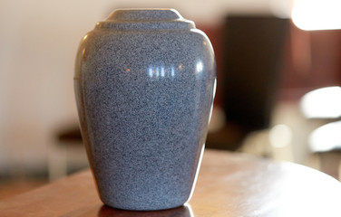 cremation urn on table in church