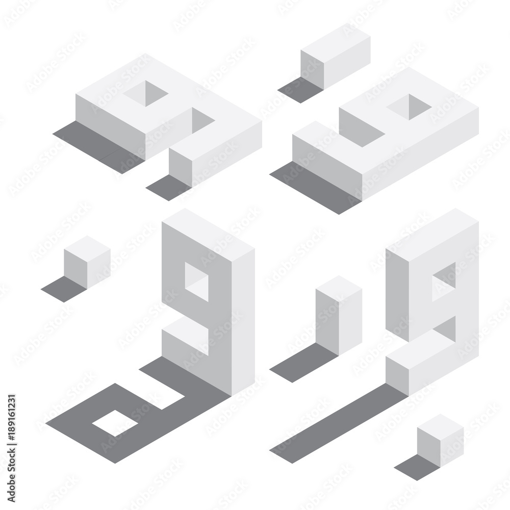 Poster number 9 in isometric style. white on white digits with shadows. educational set