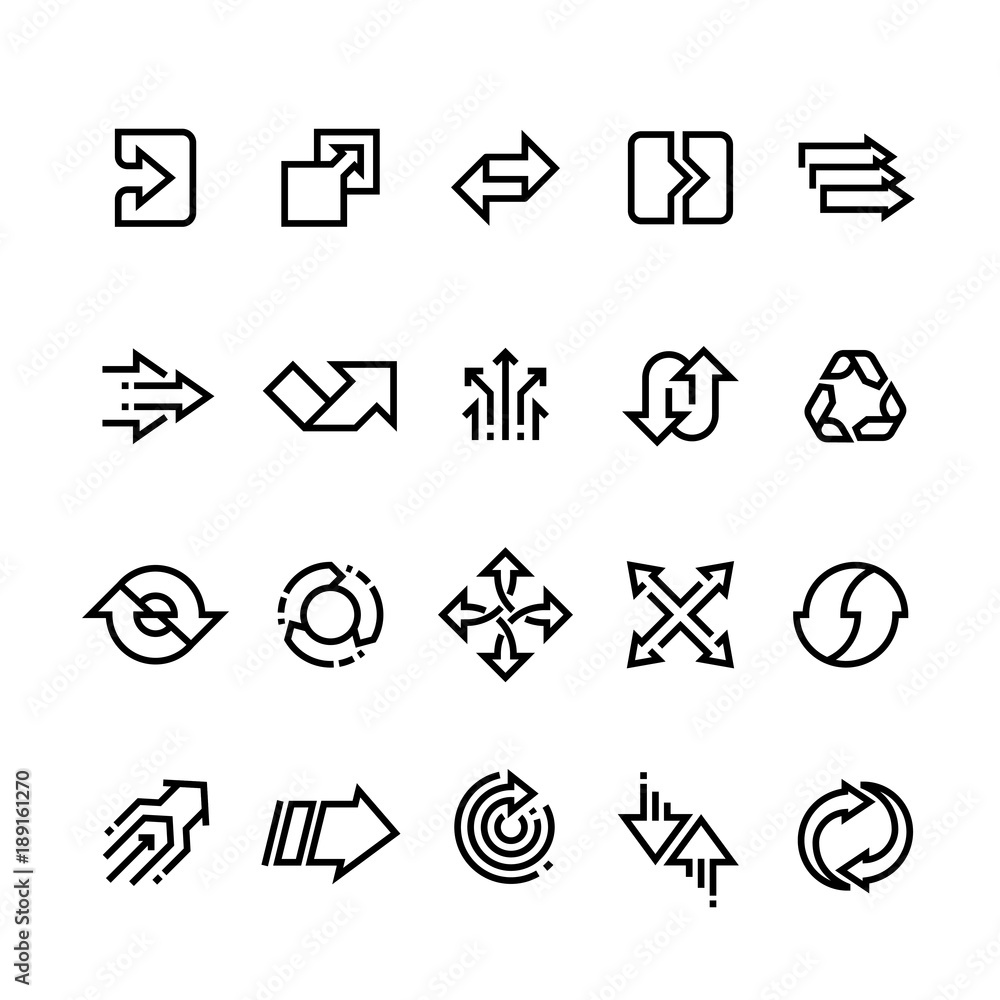 Poster transform action, many direction arrows line vector icons. simple transition outline symbols