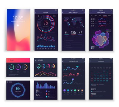 Mobile application UI and Smartphone UX vector templates with charts and diagrams