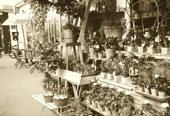 Washable wall murals Flower shop Outdoor flower shop on Parisian street. Cafe tables and bicycle at background. Paris (France). Sepia.