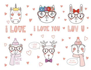 Zelfklevend Fotobehang Set of hand drawn portraits of cute funny animals with different accessories, romantic quotes. Isolated objects on white background. Vector illustration. Design concept children, Valentines day card. © Maria Skrigan