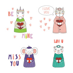 Set of hand drawn cute funny cartoon animals in sweaters, hats, holding hearts, with typography. Isolated objects on white background. Design concept for children, Valentines day. Vector illustration.