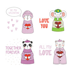 Set of hand drawn cute funny cartoon animals in sweaters, hats, holding hearts, with typography. Isolated objects on white background. Design concept for children, Valentines day. Vector illustration.
