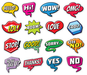 Web chat vector stickers templates. Internet words speech bubbles isolated