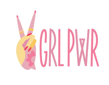 GRL PWR Girl Power - Hand Drawn Lettering Phrase Feminism. Calligraphy Inscription With Illustration. Sticker, Post Stamp, Tattoo.