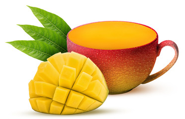 Mug of fresh mango fruit with leaf one cut in half cubes