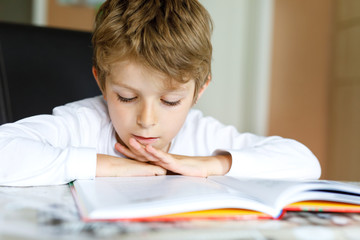 Little blonde school kid boy reading a book at home