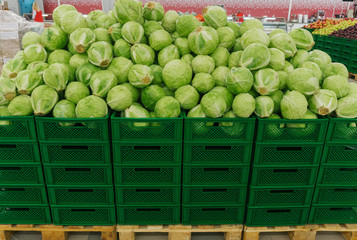 cabbage on a storefront in a supermarket