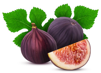 Two fresh figs fruit and slice with leaf