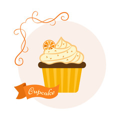 Citrus sweet dessert. Cupcake with orange. Vector illustration