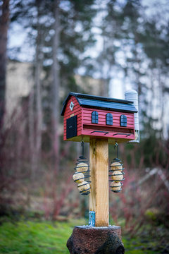 Selectiv focus of red bird feeder house barn with tallow balls. Winter outdoors.