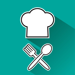 Menu icon. Chef hat and fork, spoon. Black and white silhouette with shadow on turquoise background. Vector illustration