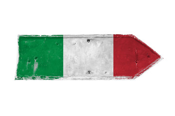 Italian flag traditional colors green, white and red painted over arrow shape from a rusty and grunge metal iron plate with peeling coating and scratches texture isolated on a white background.