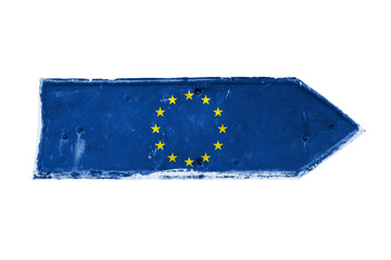European Union (EU) flag painted over arrow shape from a rusty and grunge metal iron plate with peeling coating and scratches texture isolated on a white background.